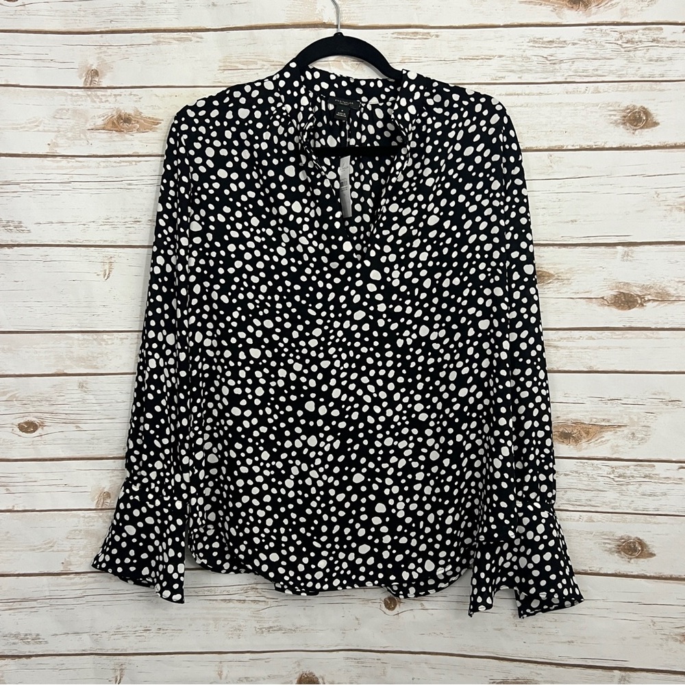 Ann Taylor Black White Dotted Popover Long Sleeve Career Blouse NWT